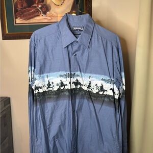 Panhandle Blue Western Shirt with Cowboy Print
